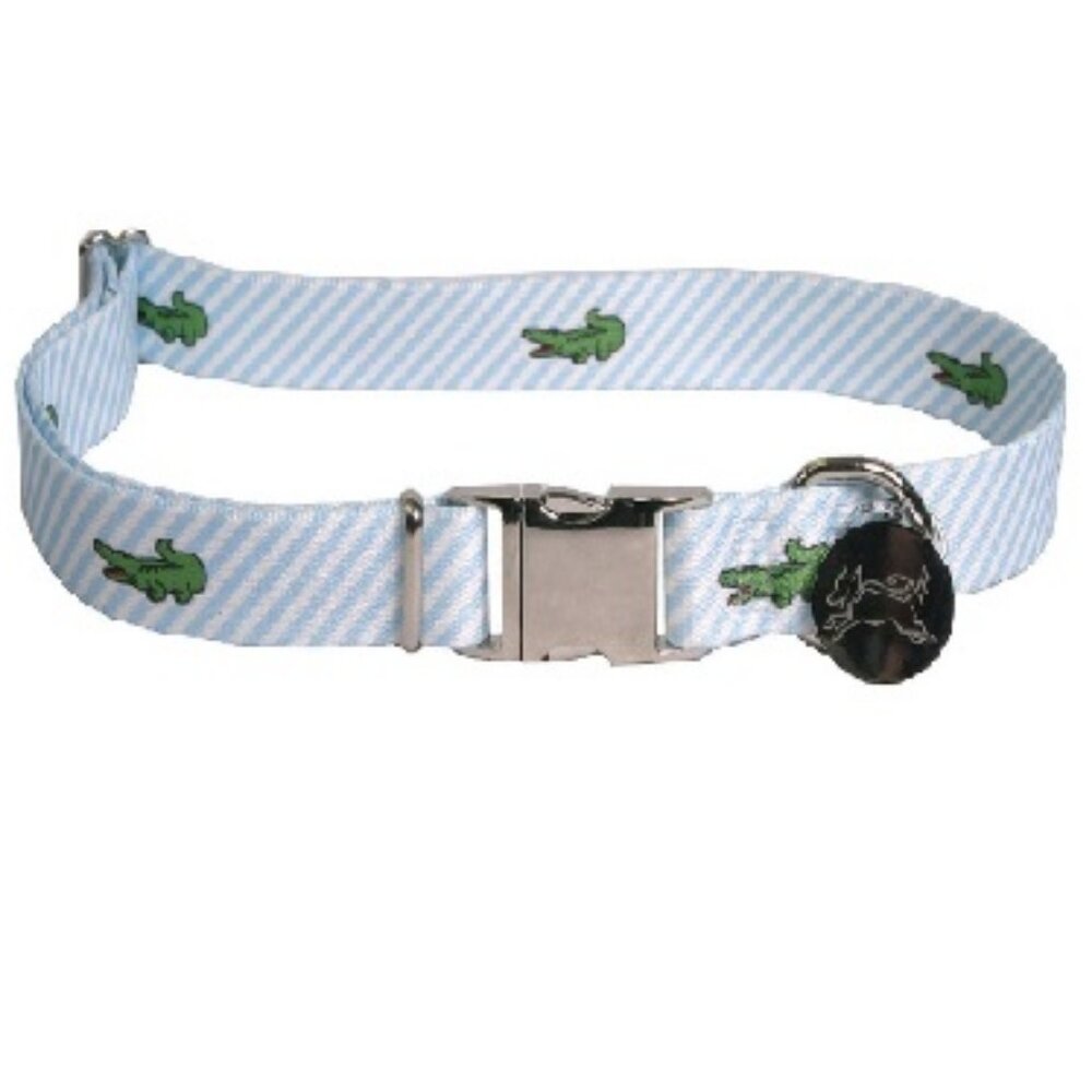 Size L Southern Dawg Seersucker Blue w Alligators Dog Collar Yellow Dog Designs